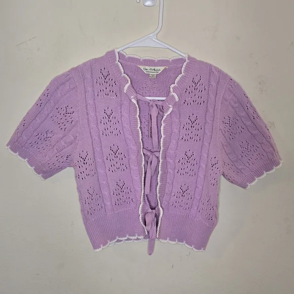 Miss Selfridge Cropped Pointelle Tie Front Cardigan Women’s Size Small Lilac - Picture 2 of 11